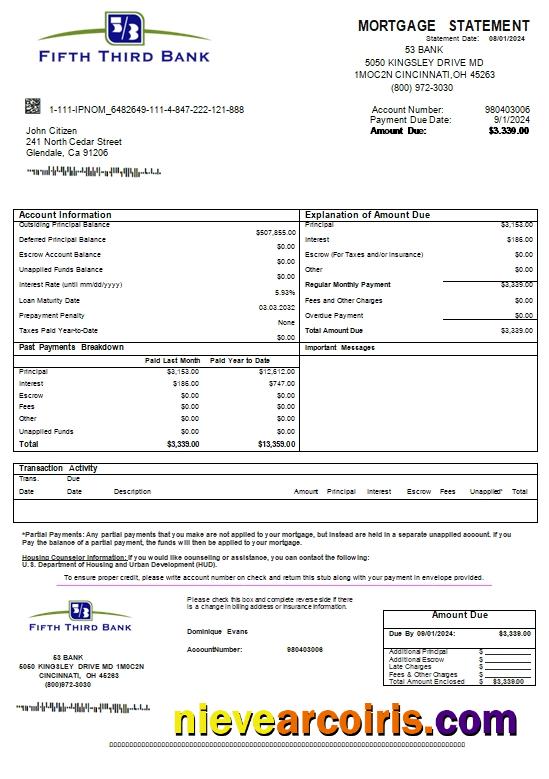 USA Ohio Fifth Third bank mortgage statement